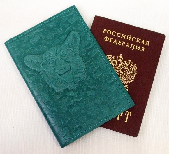 Обложка для паспорта "Хипстер Корги" кожа (3D) цвет бирюза
