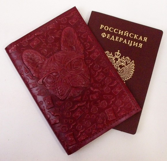 Обложка для паспорта "Хипстер Бульдог" кожа (3D) цвет бордо