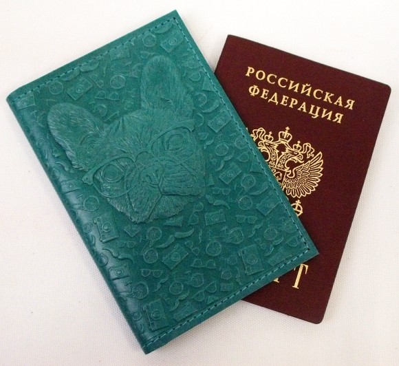 Обложка для паспорта "Хипстер Бульдог" кожа (3D) цвет бирюза