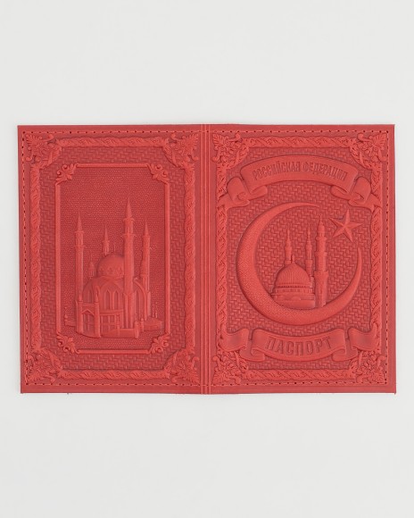 Обложка для паспорта "Полумесяц и Мечеть Кул-Шариф" кожа (3D) цвет красный